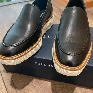 Cole Haan Black Leather Loafers with Tan Sole